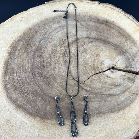 Lia Sophia Estate Necklace Black Tone Stones & Matching Post Earrings - Picture 4 of 16